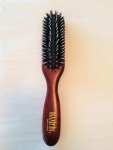 natural hair brush, red varnished beechwood, 6 rows of natural boar's bristles mixed with plastic pins in cushion, 22 x 4 cm, Made in Germany. Great if you have tangled hair.